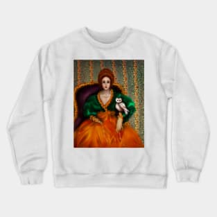 Red Hair Edwardian Princess William Morris Wall Paper Historical Fashion Owl on jeweled leash Crewneck Sweatshirt